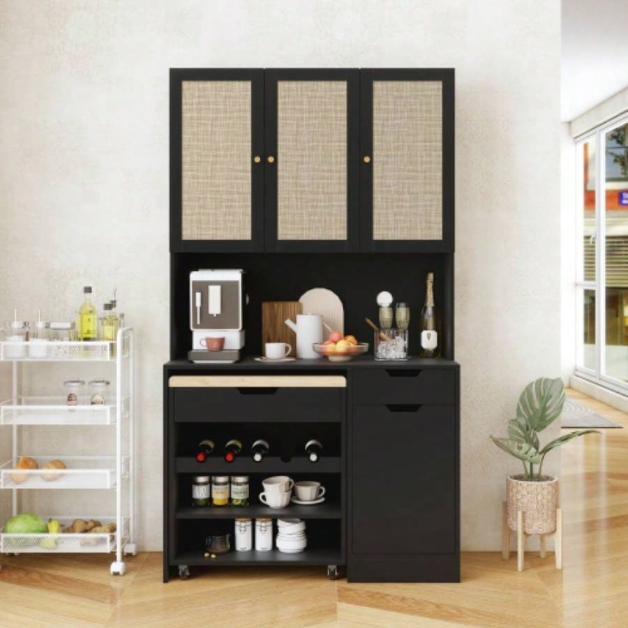 69.29 Kitchen Pantry Storage Cabinet, Modern Buffet Cabinet with Kitchen Cart, Tall Kitchen Hutch Cabinet with Microwave Stand, Food Pantry Cabinet with 3 Rattan Doors and Adjustable Shelves, Black