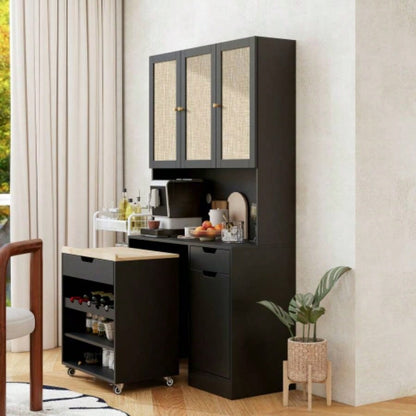69.29 Kitchen Pantry Storage Cabinet, Modern Buffet Cabinet with Kitchen Cart, Tall Kitchen Hutch Cabinet with Microwave Stand, Food Pantry Cabinet with 3 Rattan Doors and Adjustable Shelves, Black