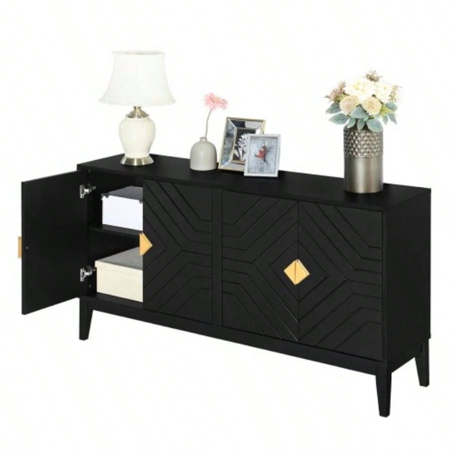 4 - Door Sideboard Storage Cabinet Living Room and Dining Room, Two Large Cabinets with Gold Handles and Adjustable Shelf, Black