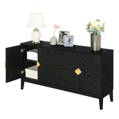 4 - Door Sideboard Storage Cabinet Living Room and Dining Room, Two Large Cabinets with Gold Handles and Adjustable Shelf, Black