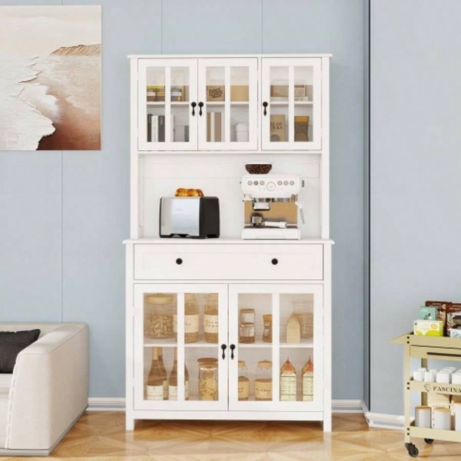 71 Pantry Storage Cabinet with Microwave Oven Countertop, Freestanding Hutch Cabinet with 3 Adjustable Shelves, 5 glass Doors and 1 Large Drawer - White