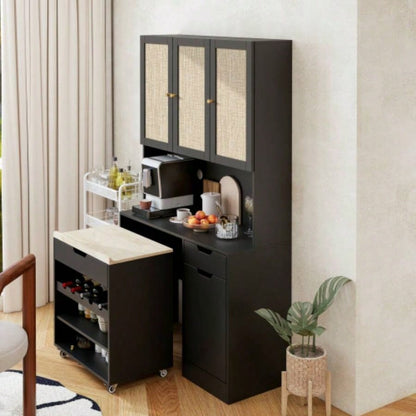 69.29 Kitchen Pantry Storage Cabinet, Modern Buffet Cabinet with Kitchen Cart, Tall Kitchen Hutch Cabinet with Microwave Stand, Food Pantry Cabinet with 3 Rattan Doors and Adjustable Shelves, Black