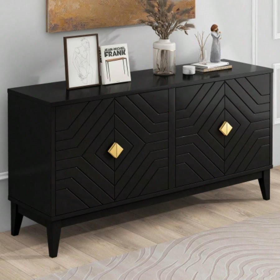 4 - Door Sideboard Storage Cabinet Living Room and Dining Room, Two Large Cabinets with Gold Handles and Adjustable Shelf, Black