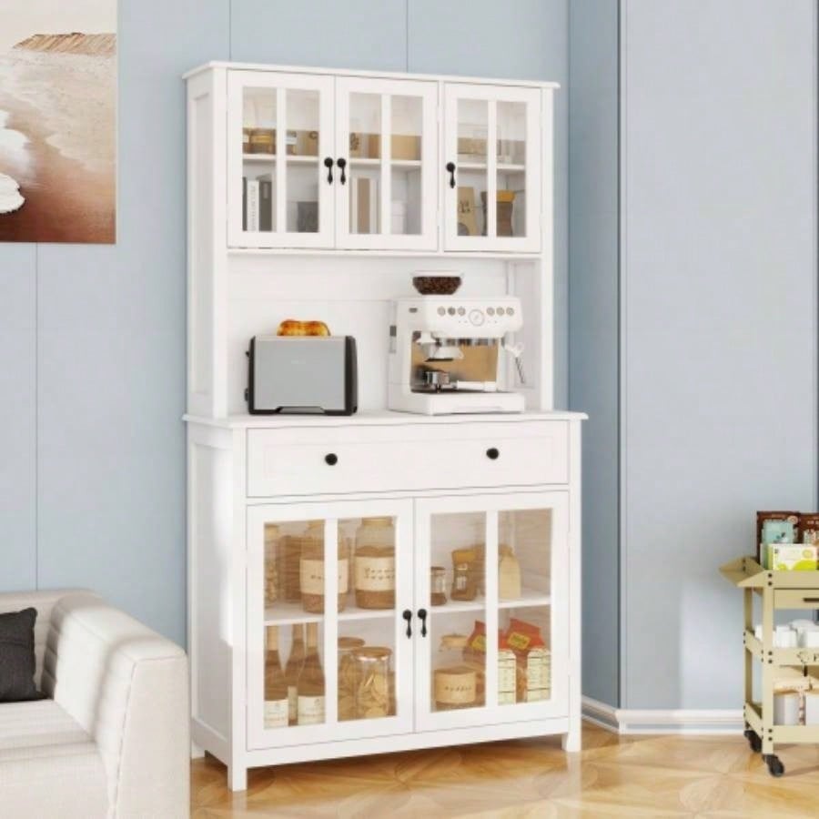 71 Pantry Storage Cabinet with Microwave Oven Countertop, Freestanding Hutch Cabinet with 3 Adjustable Shelves, 5 glass Doors and 1 Large Drawer - White