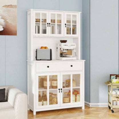 71 Pantry Storage Cabinet with Microwave Oven Countertop, Freestanding Hutch Cabinet with 3 Adjustable Shelves, 5 glass Doors and 1 Large Drawer - White