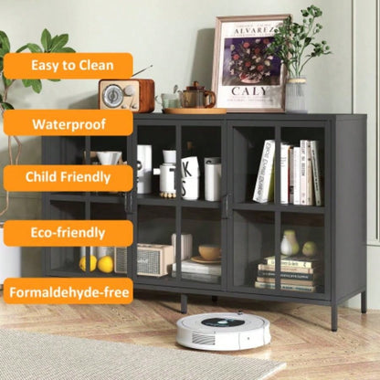 Heavy Duty Metal Modern Sideboard Buffet Cabinet with Storage Premium Steel Storage Cabinet, Adjustable Feet, Glass Doors, Large Capacity Organizer Living Room, Bed Room, Dining Room