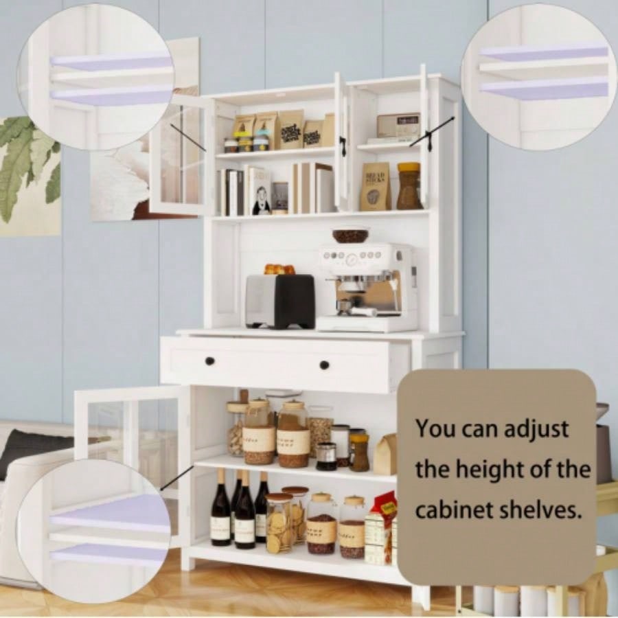 71 Pantry Storage Cabinet with Microwave Oven Countertop, Freestanding Hutch Cabinet with 3 Adjustable Shelves, 5 glass Doors and 1 Large Drawer - White