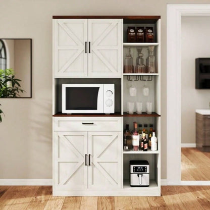 71 Farmhouse Kitchen Pantry Sideboard with Cabinet and Drawer, Multifunctional Kitchen Buffet with Hutch and Glass Holder, Microwave Stand with Charging Station Kitchen and Dining Room