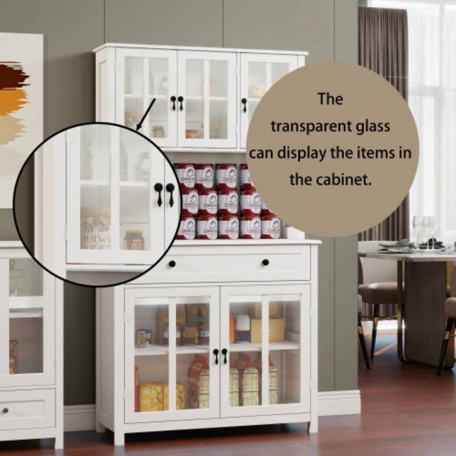 71 Pantry Storage Cabinet with Microwave Oven Countertop, Freestanding Hutch Cabinet with 3 Adjustable Shelves, 5 glass Doors and 1 Large Drawer - White