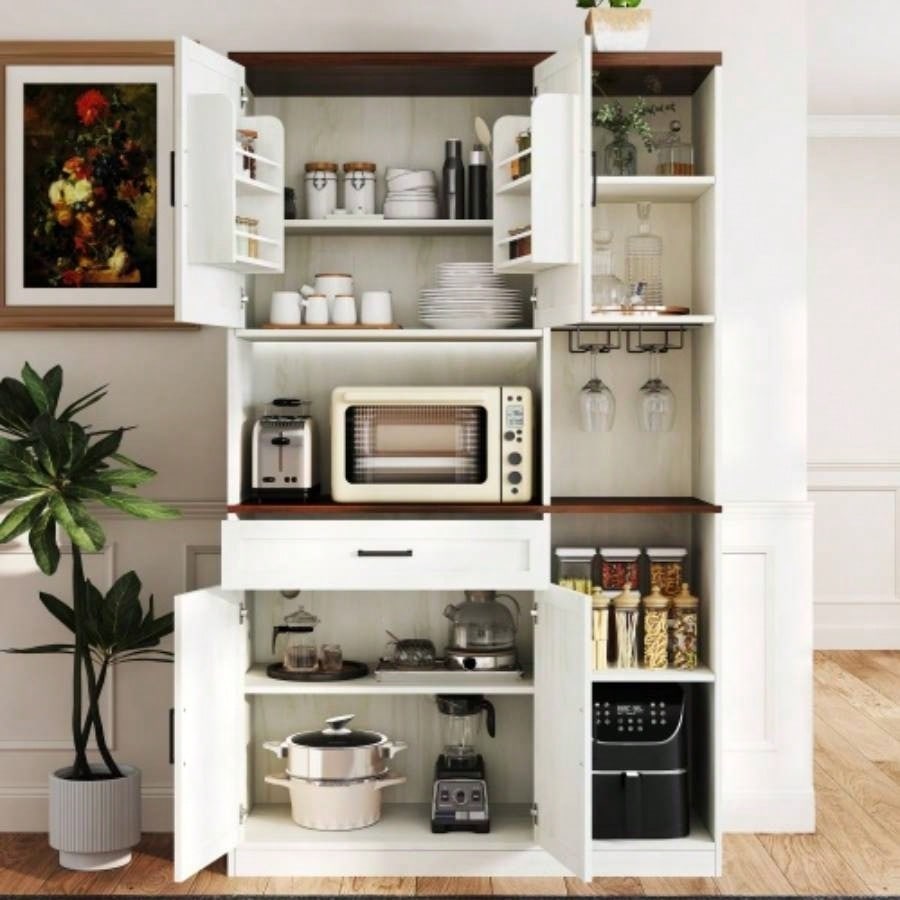 71 Farmhouse Kitchen Pantry Sideboard with Cabinet and Drawer, Multifunctional Kitchen Buffet with Hutch and Glass Holder, Microwave Stand with Charging Station Kitchen and Dining Room