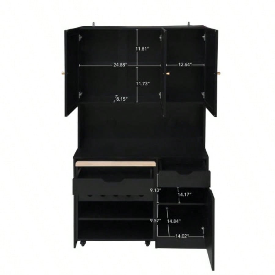 69.29 Kitchen Pantry Storage Cabinet, Modern Buffet Cabinet with Kitchen Cart, Tall Kitchen Hutch Cabinet with Microwave Stand, Food Pantry Cabinet with 3 Rattan Doors and Adjustable Shelves, Black