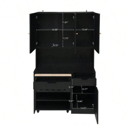 69.29 Kitchen Pantry Storage Cabinet, Modern Buffet Cabinet with Kitchen Cart, Tall Kitchen Hutch Cabinet with Microwave Stand, Food Pantry Cabinet with 3 Rattan Doors and Adjustable Shelves, Black