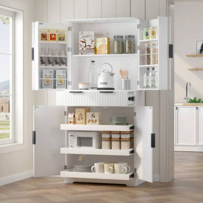 72 Fluted Kitchen Pantry Cabinet with 3 Keyboard Drawers 6 Door Shelves Adjustable, Freestanding Cupboard Storage Cabinet Bathroom, Diningroom, Office, Entryway, White
