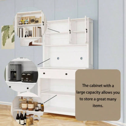 71 Pantry Storage Cabinet with Microwave Oven Countertop, Freestanding Hutch Cabinet with 3 Adjustable Shelves, 5 glass Doors and 1 Large Drawer - White
