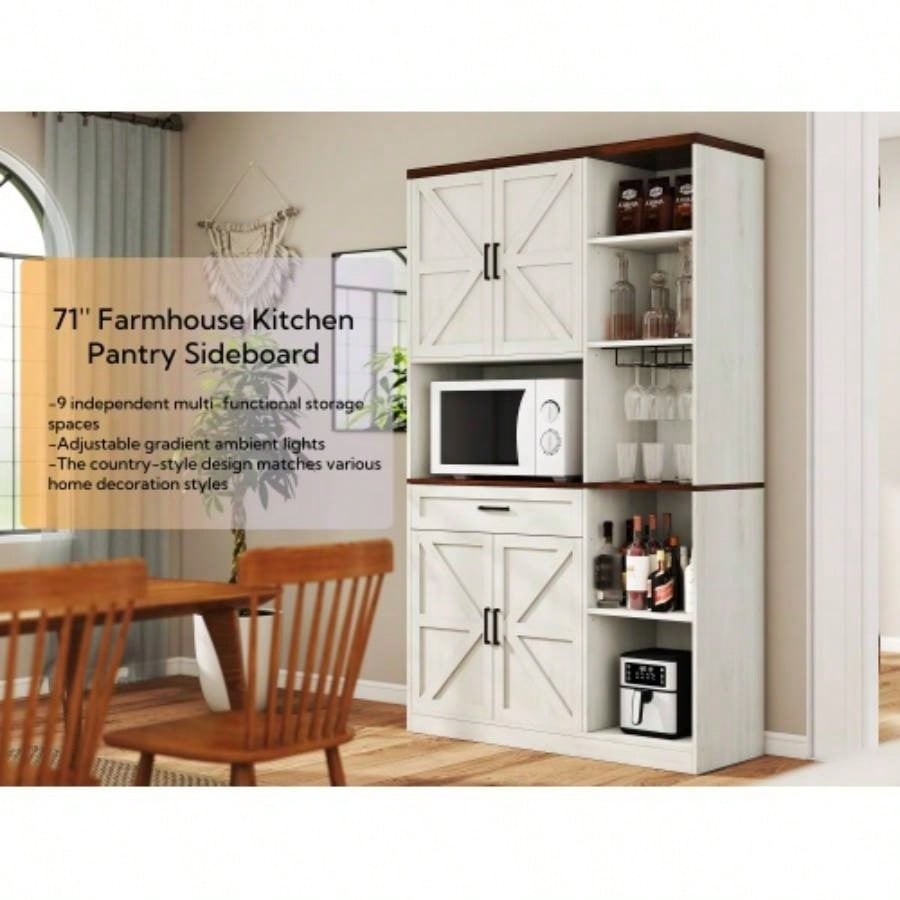 71 Farmhouse Kitchen Pantry Sideboard with Cabinet and Drawer, Multifunctional Kitchen Buffet with Hutch and Glass Holder, Microwave Stand with Charging Station Kitchen and Dining Room