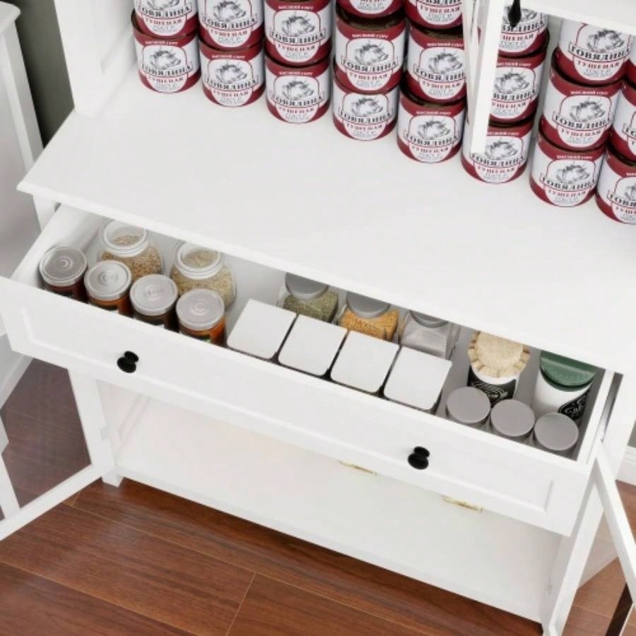 71 Pantry Storage Cabinet with Microwave Oven Countertop, Freestanding Hutch Cabinet with 3 Adjustable Shelves, 5 glass Doors and 1 Large Drawer - White