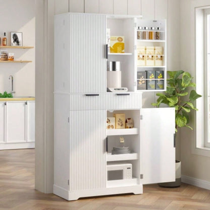 72 Fluted Kitchen Pantry Cabinet with 3 Keyboard Drawers 6 Door Shelves Adjustable, Freestanding Cupboard Storage Cabinet Bathroom, Diningroom, Office, Entryway, White