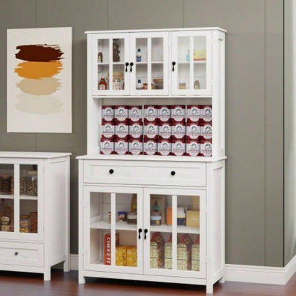 71 Pantry Storage Cabinet with Microwave Oven Countertop, Freestanding Hutch Cabinet with 3 Adjustable Shelves, 5 glass Doors and 1 Large Drawer - White