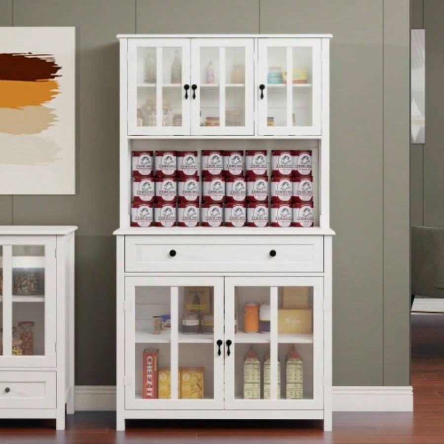 71 Pantry Storage Cabinet with Microwave Oven Countertop, Freestanding Hutch Cabinet with 3 Adjustable Shelves, 5 glass Doors and 1 Large Drawer - White