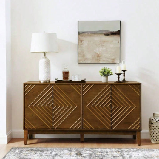 60.5 Buffet Cabinet with Storage, Farmhouse Fluted Sideboard with Geometric Pattern Adjustable Shelves, Mid Modern TV Stand Living Room Kitchen Dining Room Entryway, Walnut
