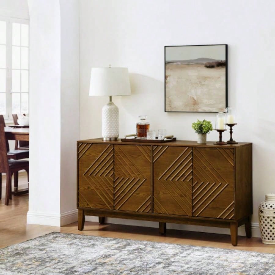 60.5 Buffet Cabinet with Storage, Farmhouse Fluted Sideboard with Geometric Pattern Adjustable Shelves, Mid Modern TV Stand Living Room Kitchen Dining Room Entryway, Walnut