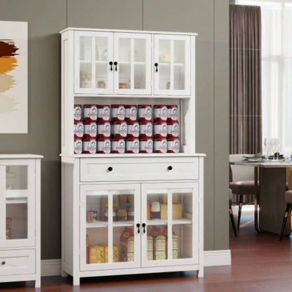 71 Pantry Storage Cabinet with Microwave Oven Countertop, Freestanding Hutch Cabinet with 3 Adjustable Shelves, 5 glass Doors and 1 Large Drawer - White