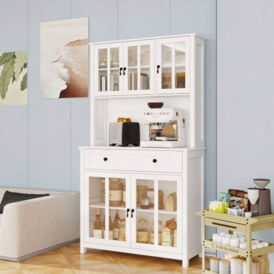 71 Pantry Storage Cabinet with Microwave Oven Countertop, Freestanding Hutch Cabinet with 3 Adjustable Shelves, 5 glass Doors and 1 Large Drawer - White