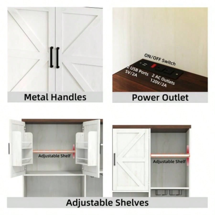 71 Farmhouse Kitchen Pantry Sideboard with Cabinet and Drawer, Multifunctional Kitchen Buffet with Hutch and Glass Holder, Microwave Stand with Charging Station Kitchen and Dining Room