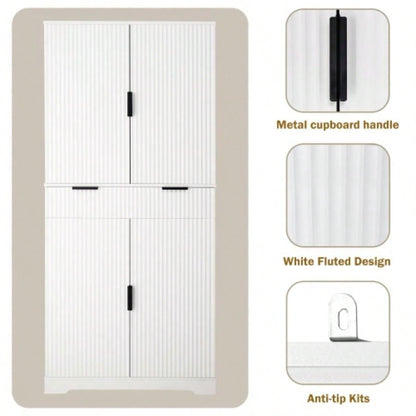 72 Fluted Kitchen Pantry Cabinet with 3 Keyboard Drawers 6 Door Shelves Adjustable, Freestanding Cupboard Storage Cabinet Bathroom, Diningroom, Office, Entryway, White