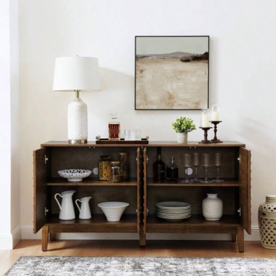 60.5 Buffet Cabinet with Storage, Farmhouse Fluted Sideboard with Geometric Pattern Adjustable Shelves, Mid Modern TV Stand Living Room Kitchen Dining Room Entryway, Walnut