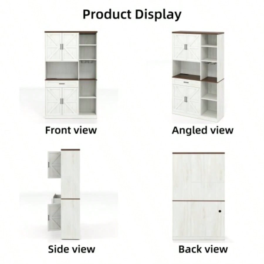 71 Farmhouse Kitchen Pantry Sideboard with Cabinet and Drawer, Multifunctional Kitchen Buffet with Hutch and Glass Holder, Microwave Stand with Charging Station Kitchen and Dining Room