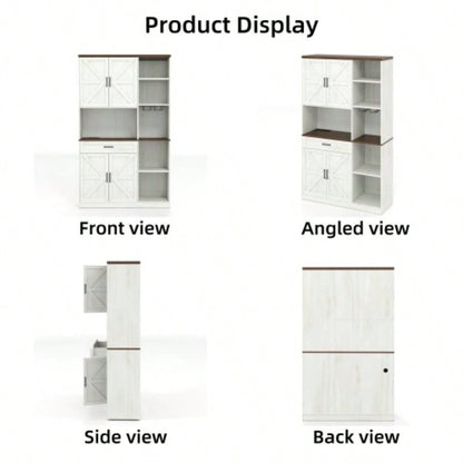 71 Farmhouse Kitchen Pantry Sideboard with Cabinet and Drawer, Multifunctional Kitchen Buffet with Hutch and Glass Holder, Microwave Stand with Charging Station Kitchen and Dining Room