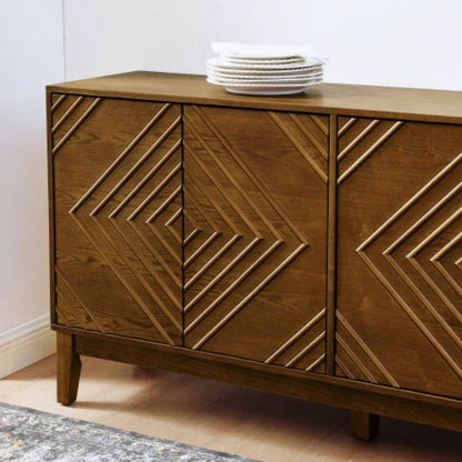 60.5 Buffet Cabinet with Storage, Farmhouse Fluted Sideboard with Geometric Pattern Adjustable Shelves, Mid Modern TV Stand Living Room Kitchen Dining Room Entryway, Walnut