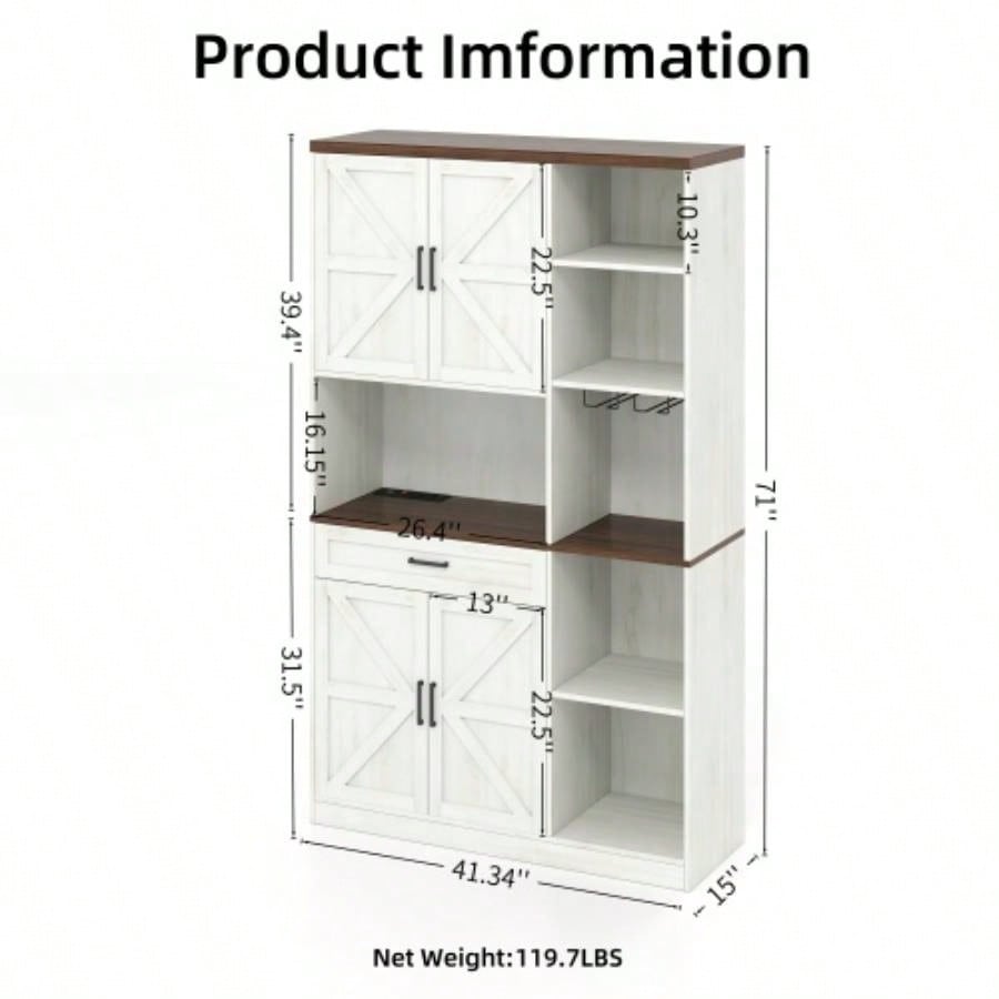 71 Farmhouse Kitchen Pantry Sideboard with Cabinet and Drawer, Multifunctional Kitchen Buffet with Hutch and Glass Holder, Microwave Stand with Charging Station Kitchen and Dining Room