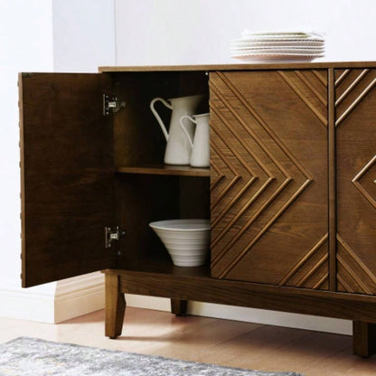 60.5 Buffet Cabinet with Storage, Farmhouse Fluted Sideboard with Geometric Pattern Adjustable Shelves, Mid Modern TV Stand Living Room Kitchen Dining Room Entryway, Walnut