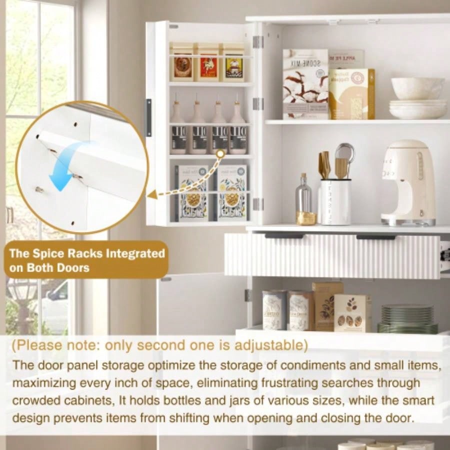 72 Fluted Kitchen Pantry Cabinet with 3 Keyboard Drawers 6 Door Shelves Adjustable, Freestanding Cupboard Storage Cabinet Bathroom, Diningroom, Office, Entryway, White