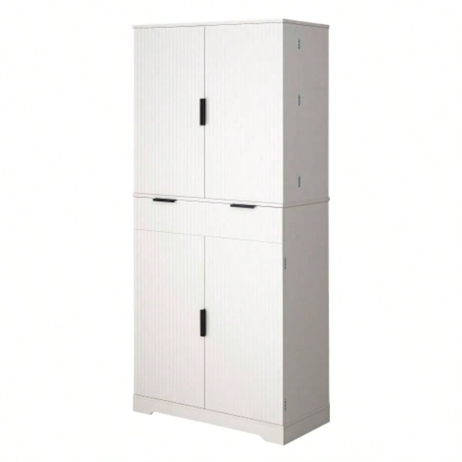72 Fluted Kitchen Pantry Cabinet with 3 Keyboard Drawers 6 Door Shelves Adjustable, Freestanding Cupboard Storage Cabinet Bathroom, Diningroom, Office, Entryway, White
