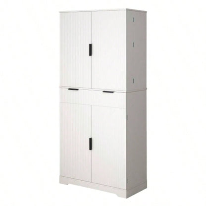 72 Fluted Kitchen Pantry Cabinet with 3 Keyboard Drawers 6 Door Shelves Adjustable, Freestanding Cupboard Storage Cabinet Bathroom, Diningroom, Office, Entryway, White