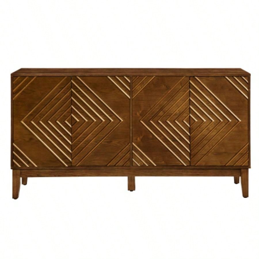 60.5 Buffet Cabinet with Storage, Farmhouse Fluted Sideboard with Geometric Pattern Adjustable Shelves, Mid Modern TV Stand Living Room Kitchen Dining Room Entryway, Walnut