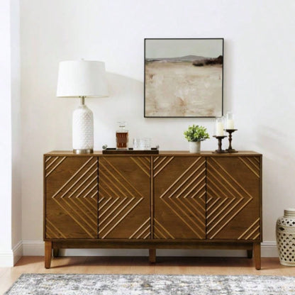 60.5 Buffet Cabinet with Storage, Farmhouse Fluted Sideboard with Geometric Pattern Adjustable Shelves, Mid Modern TV Stand Living Room Kitchen Dining Room Entryway, Walnut