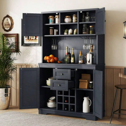 Coffee Bar Cabinet Kitchen Cabinet with Storage, Farmhouse Wine Cabinet with Drawers shelves and cabinets, Buffet Cabinet Wine Glass Racks Dining Room, Kitchen, Dark Blue