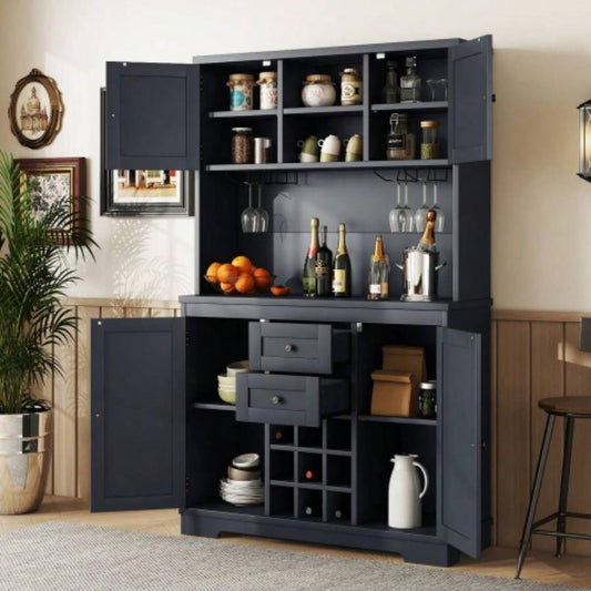 Coffee Bar Cabinet Kitchen Cabinet with Storage, Farmhouse Wine Cabinet with Drawers shelves and cabinets, Buffet Cabinet Wine Glass Racks Dining Room, Kitchen, Dark Blue