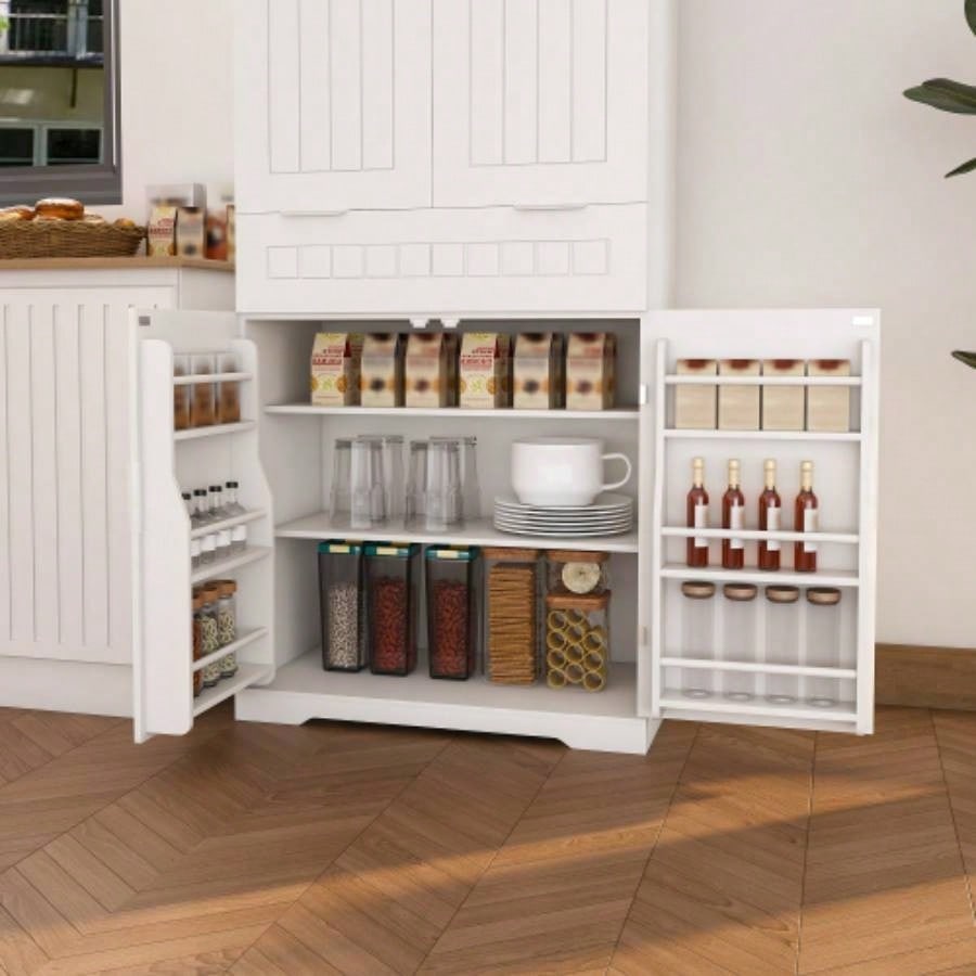 Pantry Cabinet, 71.65 Tall Storage Cabinet with Drawer, 2 Cabinets 6 Door Shelves, Adjustable Shelves, Freestanding Cupboard Kitchen, Living Room, Bathroom, Farmhouse Style, White
