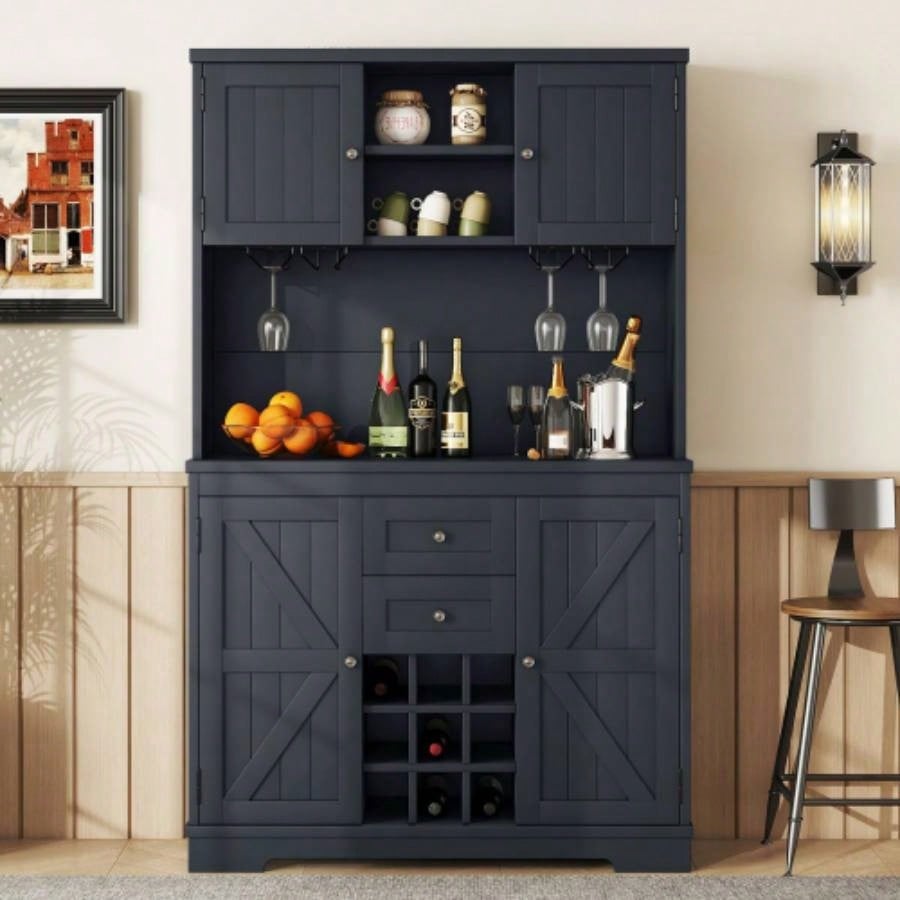 Coffee Bar Cabinet Kitchen Cabinet with Storage, Farmhouse Wine Cabinet with Drawers shelves and cabinets, Buffet Cabinet Wine Glass Racks Dining Room, Kitchen, Dark Blue