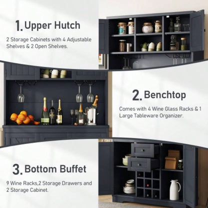 Coffee Bar Cabinet Kitchen Cabinet with Storage, Farmhouse Wine Cabinet with Drawers shelves and cabinets, Buffet Cabinet Wine Glass Racks Dining Room, Kitchen, Dark Blue