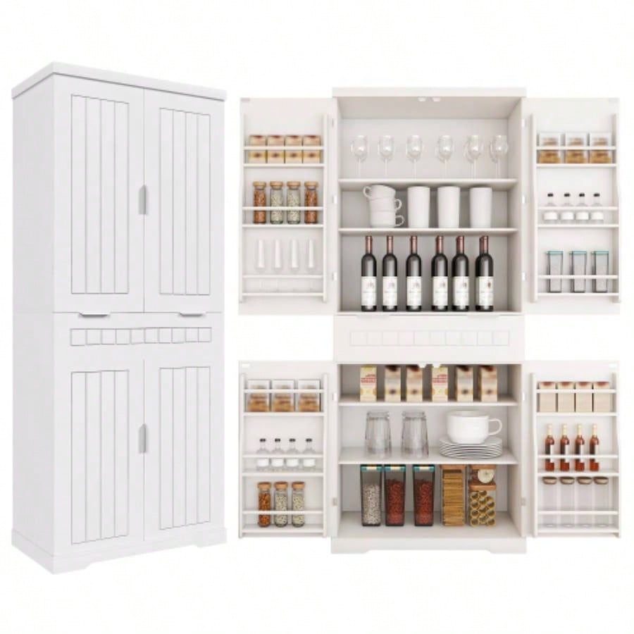 Pantry Cabinet, 71.65 Tall Storage Cabinet with Drawer, 2 Cabinets 6 Door Shelves, Adjustable Shelves, Freestanding Cupboard Kitchen, Living Room, Bathroom, Farmhouse Style, White