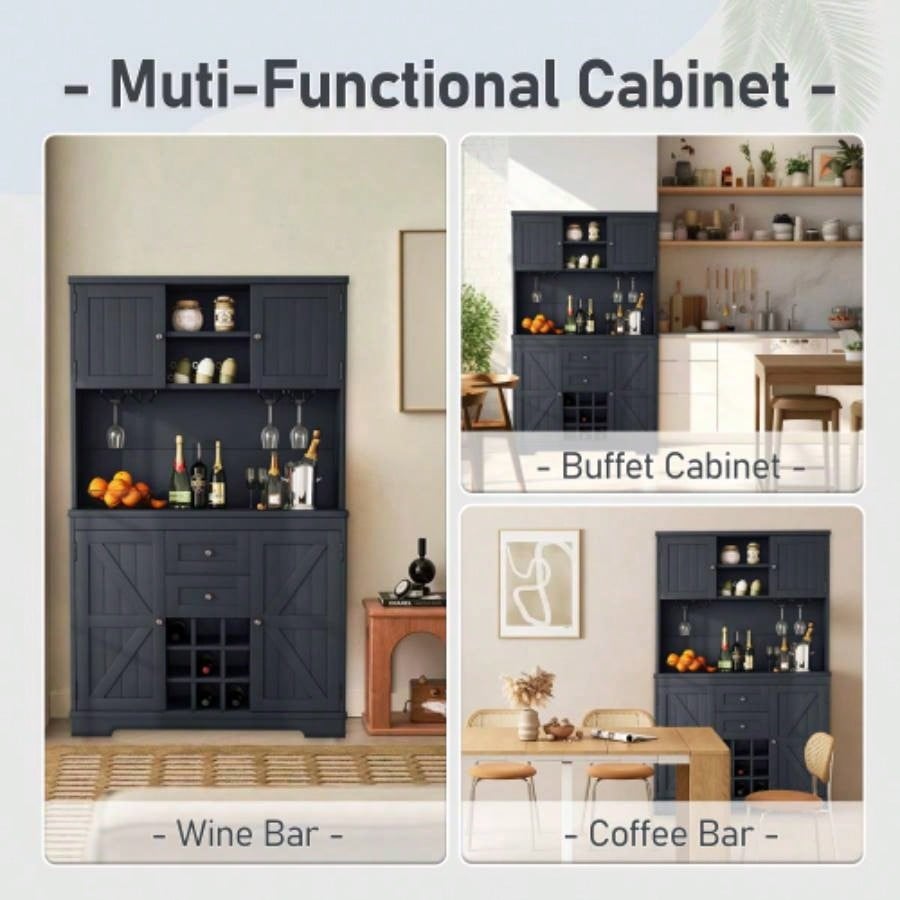 Coffee Bar Cabinet Kitchen Cabinet with Storage, Farmhouse Wine Cabinet with Drawers shelves and cabinets, Buffet Cabinet Wine Glass Racks Dining Room, Kitchen, Dark Blue