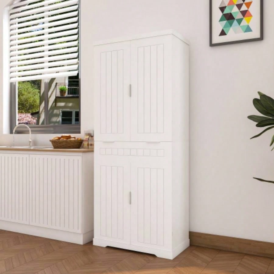 Pantry Cabinet, 71.65 Tall Storage Cabinet with Drawer, 2 Cabinets 6 Door Shelves, Adjustable Shelves, Freestanding Cupboard Kitchen, Living Room, Bathroom, Farmhouse Style, White