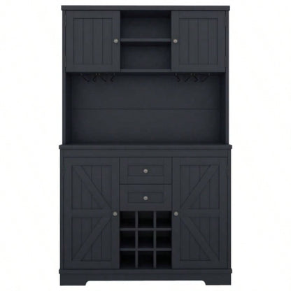 Coffee Bar Cabinet Kitchen Cabinet with Storage, Farmhouse Wine Cabinet with Drawers shelves and cabinets, Buffet Cabinet Wine Glass Racks Dining Room, Kitchen, Dark Blue