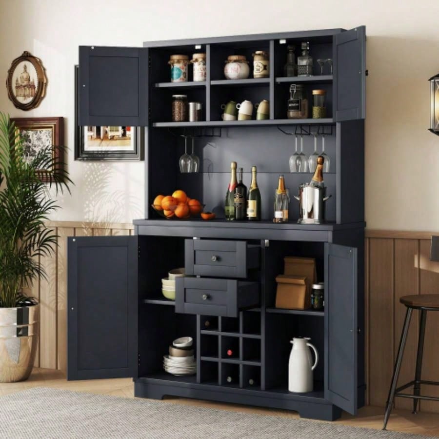 Coffee Bar Cabinet Kitchen Cabinet with Storage, Farmhouse Wine Cabinet with Drawers shelves and cabinets, Buffet Cabinet Wine Glass Racks Dining Room, Kitchen, Dark Blue